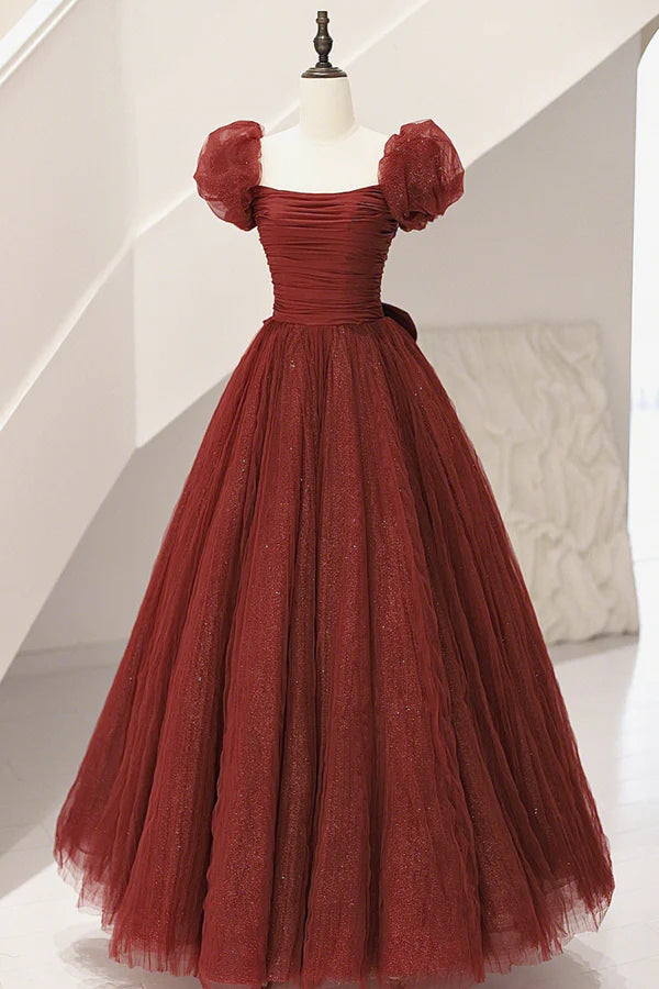 Wholesale Burgundy Tulle Long A-Line Prom Dress Cute Short Sleeve Evening Dress